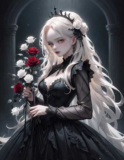 A young girl with long blonde hair is the central figure in this illustration. She is wearing a black dress and has a crown on her head. The background features an archway and roses, adding to the overall Gothic-inspired aesthetic of the artwork.
