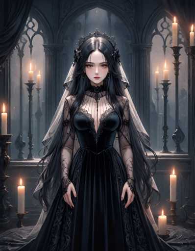 A woman with long black hair is standing in front of a window adorned with candles and crosses. She is wearing a black dress that features a corset and a veil. The background includes several candles and crosses, creating an atmosphere of mystery and darkness.
