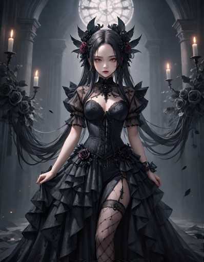 The image depicts a woman wearing a black dress with a corset and long train, standing in front of a large window adorned with candles. The woman is positioned centrally within the frame, facing towards the right side of the image.