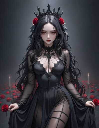 A woman with long dark hair and a black dress adorned with red roses stands against a dark background, holding two lit candles.