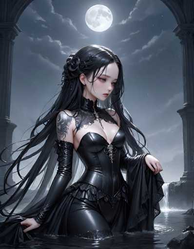 A woman with long dark hair is depicted in a black dress and corset, standing in water surrounded by rocks and trees. The background features a large full moon and an archway leading to the sky.