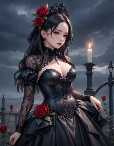 The image depicts a woman with long dark hair wearing a black dress adorned with red roses and a crown on her head. She is standing in front of a candle holder that has a single lit candle inside it. The background features a cloudy sky and a castle-like structure.
