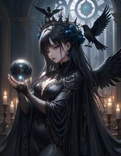 A woman with long dark hair and a black dress is depicted holding a crystal ball in her hands. She has a crown on her head and two birds perched on her shoulders. The background features a large window adorned with blue curtains that allows light to filter into the room.