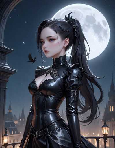 A woman with long dark hair is standing on a balcony overlooking a city at night. She is wearing a black dress and has her hair styled in an updo. A bird is perched on her shoulder. The background features a full moon and the silhouettes of buildings against the night sky, creating a sense of depth and mystery.