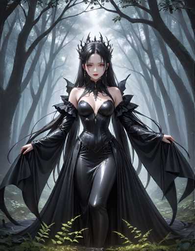 A woman with long dark hair and a black dress is standing in the center of a forest. She has a crown on her head and is holding a staff in one hand while the other hand is raised to her face. The background features trees and foliage, creating an atmosphere of mystery and intrigue.