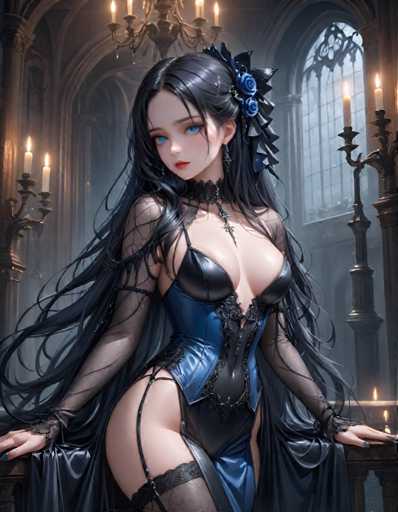 A woman with long dark hair and a blue dress stands in front of a window adorned with candles, wearing black lingerie and a flower in her hair.