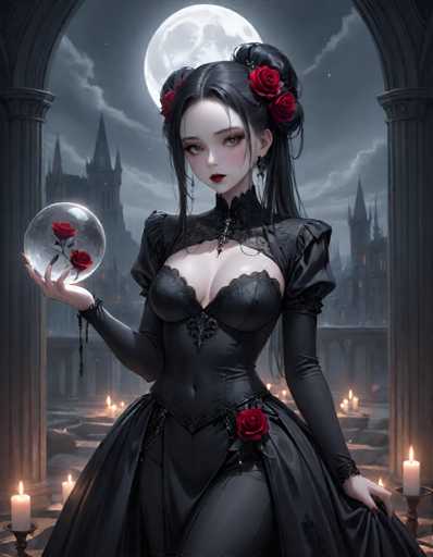 A woman dressed in black with red roses on her head and shoulders stands in front of a castle under a full moon. She holds a crystal ball containing two roses.