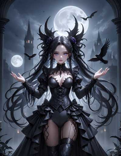A woman with long dark hair and a black dress stands in front of a castle under a full moon. She is wearing a crown on her head and holding out her hands as if to offer something or receive an offering from the unseen other side. The background features a castle surrounded by trees, creating a sense of mystery and intrigue.