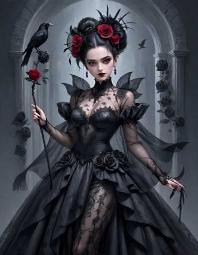 A woman with long black hair and a red rose in her hair is the main subject of this digital illustration. She is wearing a black dress that has a lace bodice and skirt, which adds to the overall dark aesthetic of the image. The background features an archway adorned with roses, further enhancing the gothic theme of the artwork.