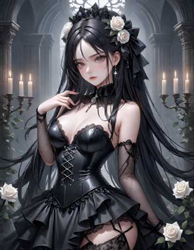 The image depicts a woman with long dark hair wearing a black dress and a crown of flowers on her head. She is standing in front of a large archway adorned with candles, which adds an air of mystery to the scene. The background features a Gothic-style building with arches and columns, further enhancing the atmosphere of the image.