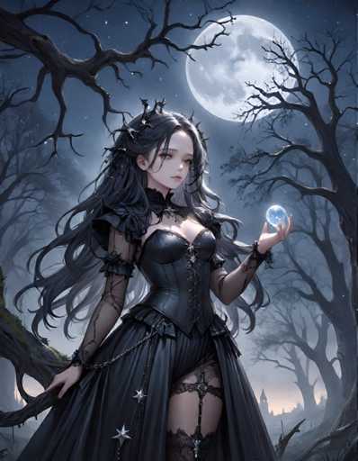 A woman with long dark hair and a black dress stands in front of a full moon on the right side of the image. She holds a blue crystal ball in her hands. The background is filled with trees and bushes, creating an eerie atmosphere.
