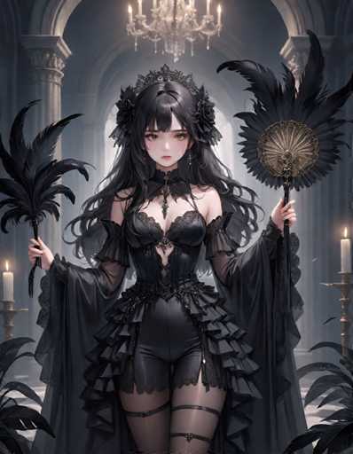 A woman with long dark hair and a black dress stands in front of a large chandelier, holding a fan and two candles. The background is dark and features an archway leading to another room.