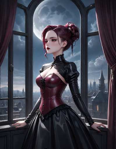 The image depicts a woman with red hair and a black dress standing on a windowsill, looking out at the city below. The window is framed by purple curtains that match her outfit. In the background, there are buildings of varying heights, suggesting an urban setting.