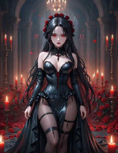 The image depicts a woman with long dark hair and red eyes standing in the center of a room filled with roses and candles. She is wearing a black dress that reaches down to her knees, corseted at the waist, and stockings. The room around her is illuminated by numerous candles scattered throughout the space, casting a warm glow on the scene.