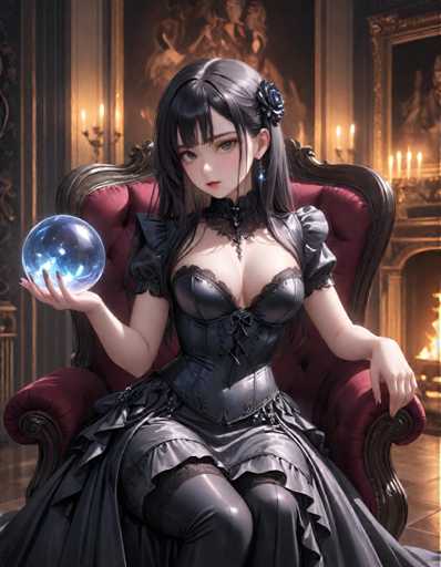A woman with long dark hair is seated on a red chair in front of a fireplace, holding a blue crystal ball and wearing a black dress with a corset and stockings. The background features a painting of a woman's face and a portrait of a woman dressed in a black gown.