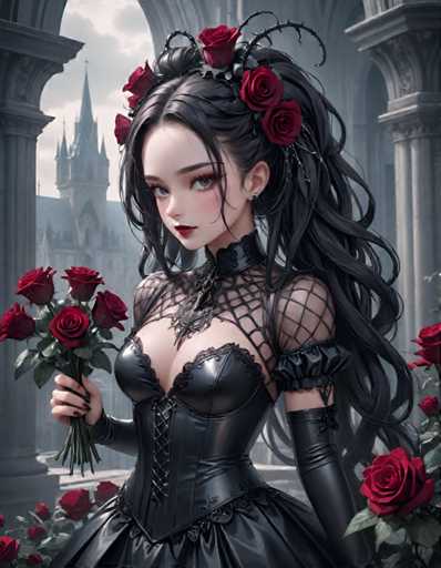 The image depicts a woman with long dark hair wearing a corset and holding a bouquet of red roses. She is standing in front of a castle-like structure, which has a large archway on the left side. The background features a cloudy sky and trees, creating an atmospheric setting for the scene.