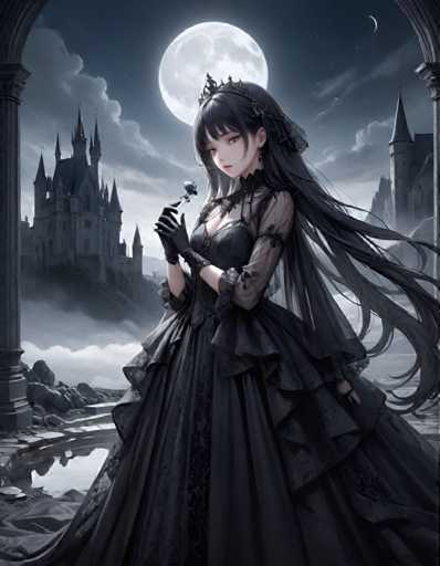 A woman with long dark hair is standing in front of a castle on a moonlit night. She is wearing a black dress and holding a rose in her hand. The background features a full moon and clouds, creating an ethereal atmosphere.