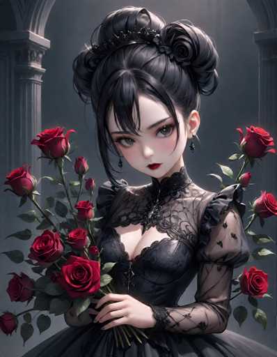 The image depicts a young girl with long dark hair wearing a black dress and holding a bouquet of red roses. The background is dark and features an archway, suggesting the setting could be a Gothic or medieval theme.