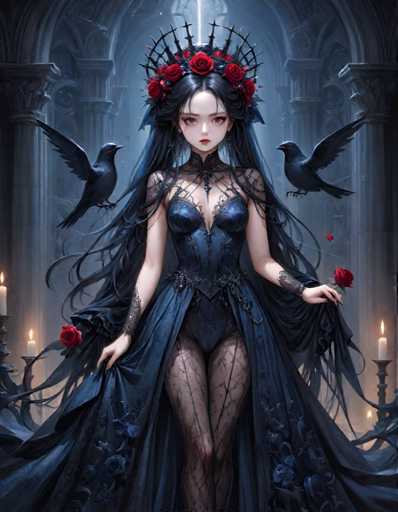 A woman with long dark hair and a blue dress adorned with red roses stands in front of a group of black birds. The background is shrouded in darkness, with the silhouettes of columns and arches visible.