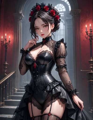 The image depicts a woman wearing a black corset and lace bodice with a red rose crown on her head. She is standing in front of a staircase, which appears to be part of an ornate room with a large window that allows natural light to enter the space. The woman's pose suggests she may be posing for a portrait or photograph.
