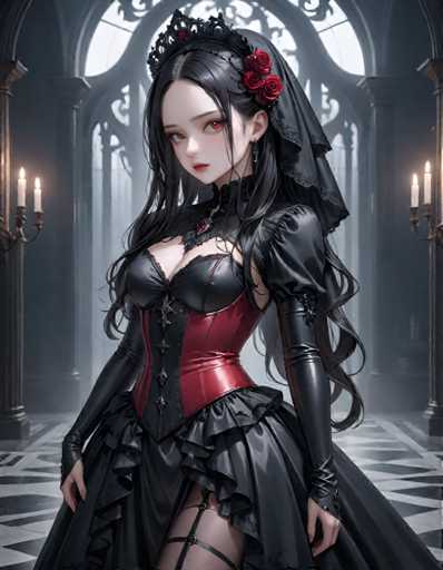 A woman with long dark hair is standing in a room filled with candles and chandeliers. She is wearing a black dress that has a red corset and a matching red headpiece adorned with a rose. The woman's face features striking red eyes and a dramatic red nose, adding to her mysterious appearance.