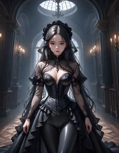A woman with long dark hair and a black dress is standing in front of an ornate archway that leads into the darkness beyond. The room has a high ceiling and large windows on either side, allowing natural light to filter in from above. A chandelier hangs from the ceiling, casting a soft glow throughout the space.