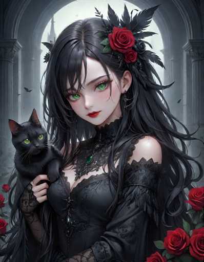 A woman with long dark hair and green eyes is holding a black cat on her shoulder. The cat has a red collar around its neck. They are standing in front of an archway that leads to another room.