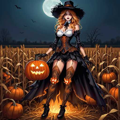 A woman dressed as a witch stands in a field filled with pumpkins and hay bales under the moonlight. She holds a pumpkin lantern and wears a black dress, hat, and boots.