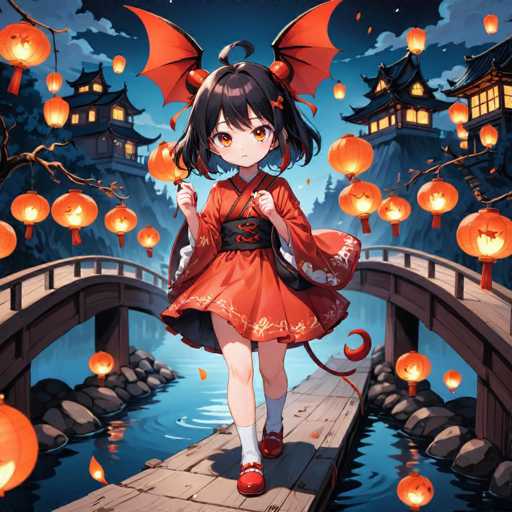 A young girl with red hair and a red dress is walking on a wooden bridge over water, holding an orange lantern. The background features traditional Japanese architecture, including houses and trees, as well as floating lanterns that illuminate the scene.