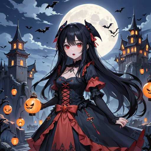 A young girl with long black hair stands in front of a castle at night, holding a lantern and wearing a red and black dress with a bow on her head. The castle is illuminated by orange lights, creating a warm glow against the dark sky. In the background, bats are flying around the castle, adding to the eerie atmosphere.