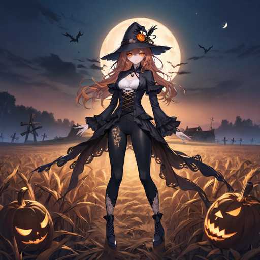 The image depicts a Halloween-themed scene featuring a young girl dressed as a witch standing in the center of a field with two jack-o-lanterns on either side. The background is dark and cloudy, creating an eerie atmosphere.