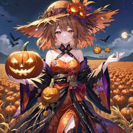 A young girl dressed as a witch stands in a pumpkin field at night, holding a carved jack-o-lantern and surrounded by pumpkins of various sizes and colors.