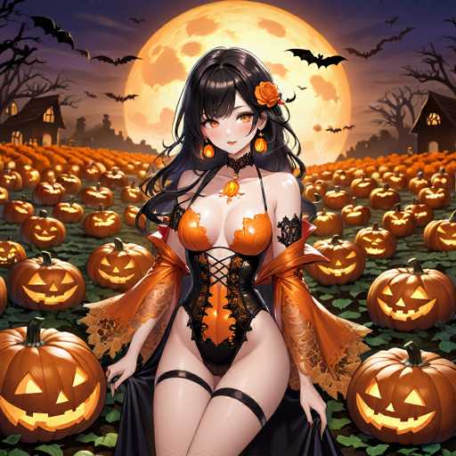 A woman with long dark hair and a black dress stands in front of a large pumpkin patch filled with orange pumpkins against the backdrop of a full moon.