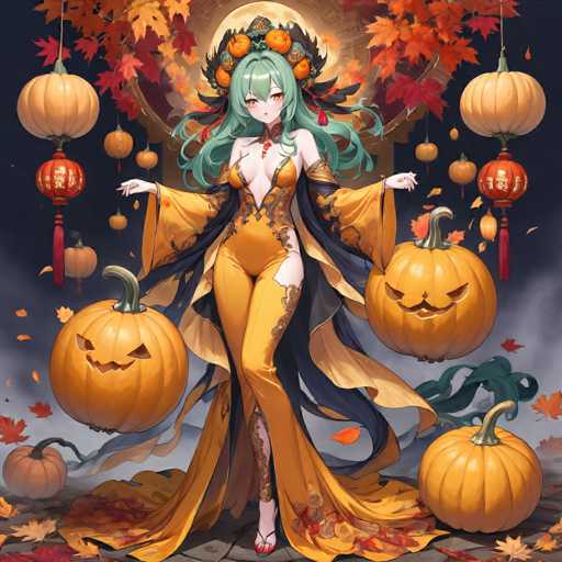 The image depicts a woman with long green hair and red eyes wearing an orange dress adorned with gold accents. She is holding two large carved pumpkins on either side of her body, one in each hand. The background features a dark blue sky filled with falling autumn leaves, creating a sense of depth and atmosphere.