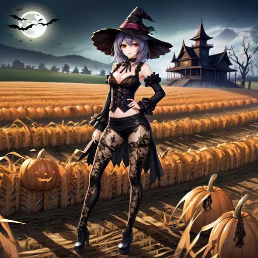 A woman dressed as a witch stands in front of a pumpkin patch with a house and trees in the background.