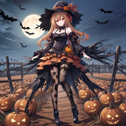 A young woman dressed as a witch stands in front of a field filled with pumpkins and bats against the backdrop of a full moon.