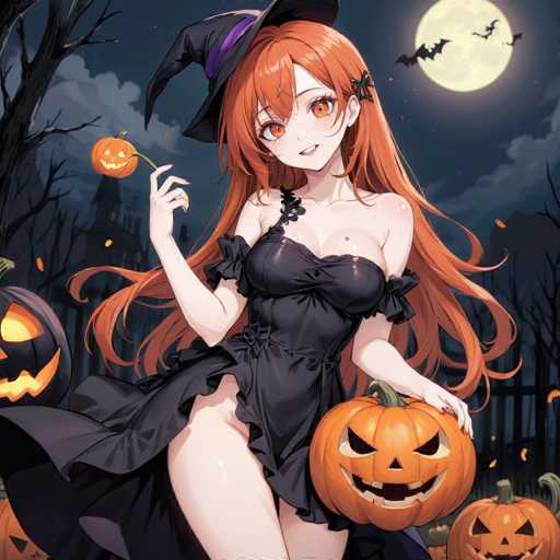 A woman with long red hair is standing in a Halloween-themed forest, holding a pumpkin and wearing a black dress and hat.