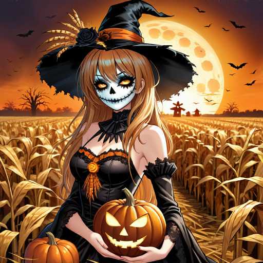 A woman dressed as a witch stands in a field with golden wheat and a full moon behind her. She holds two carved pumpkins in front of her face.