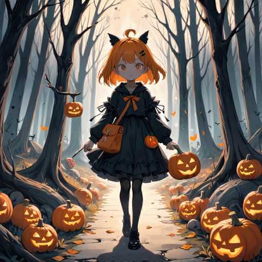 A young girl dressed in black with a black dress and black shoes is walking down a path lined with carved pumpkins on Halloween night. She carries an orange pumpkin in her left hand and a brown purse in her right hand. The background features trees and leaves, creating a spooky atmosphere.