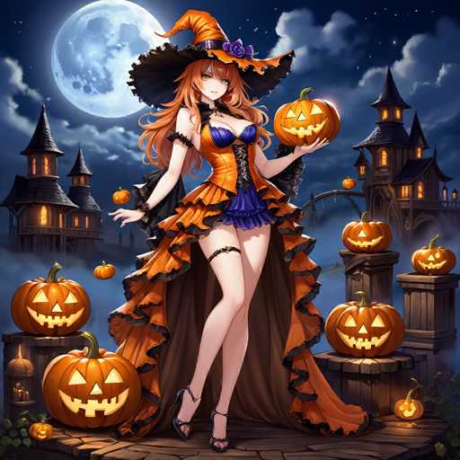 A woman dressed as a witch stands on a stone platform with her arms outstretched and holding a pumpkin. The background features a full moon and several jack-o-lanterns scattered around the scene.