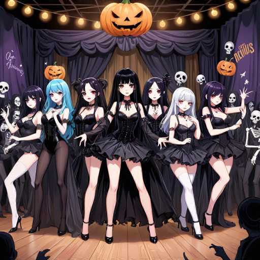 The image depicts a Halloween-themed stage performance featuring six girls dressed in black dresses and high heels, standing on a wooden floor with a large pumpkin decoration hanging above them. The girls appear to be dancing or posing for the camera, creating an atmosphere of celebration and fun.