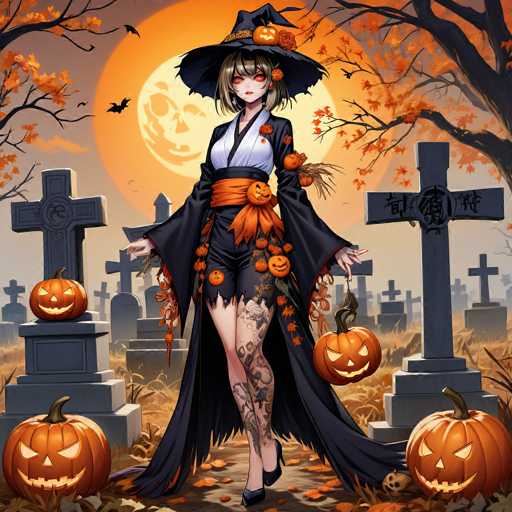 A woman dressed as a witch stands in front of a cemetery with two gravestones and three jack-o-lanterns on the ground.