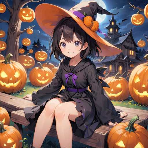 A young girl with black hair and a purple bow sits on a bench surrounded by numerous carved pumpkins of various sizes and colors including orange, yellow, green, and white. The girl is wearing a black dress and an orange hat with a purple ribbon at the back. In the background, there are houses with windows that reflect the light from the pumpkins.