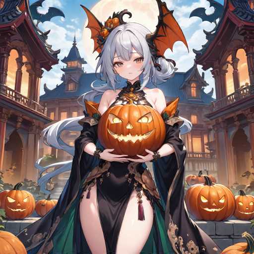 A woman dressed as a witch stands in front of a large pumpkin with a carved face and a black dress adorned with gold accents. The setting is an ornate building with a blue roof and red pillars, suggesting it could be a castle or palace.