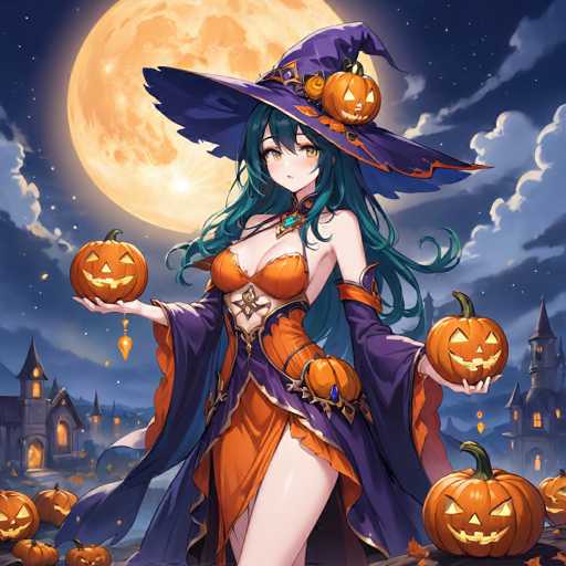A woman dressed as a witch stands in front of a full moon and a castle with multiple towers on the right side of the image. She is wearing an orange dress that matches her pumpkin-shaped hat. The woman holds three pumpkins in her hands, each one carved to resemble a jack-o-lantern face.