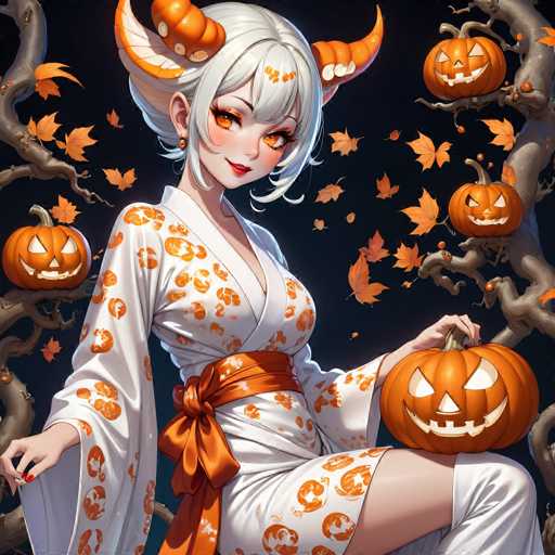 The image depicts a woman wearing an orange and white kimono with large horns on her head, holding a carved pumpkin with a jack-o-lantern face. The background features a dark blue sky filled with falling leaves from trees.