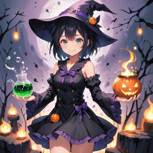 A young girl dressed as a witch stands in front of a full moon and a cauldron filled with orange sparks. She holds a pumpkin and two vials of green liquid.