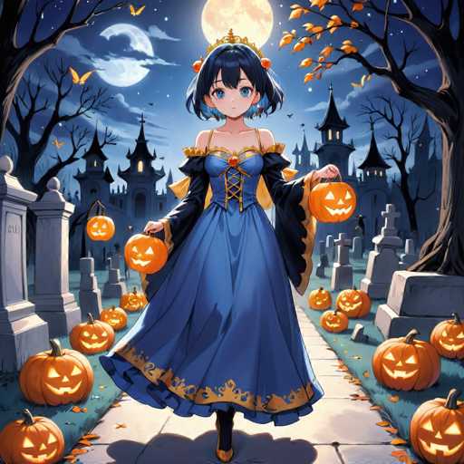 A woman dressed as a princess is walking down a path lined with pumpkins and trees, holding two carved jack-o-lanterns.