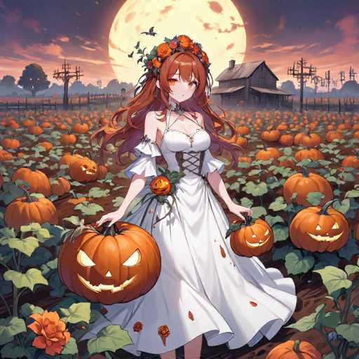 A woman with long red hair and a white dress is standing in a pumpkin field surrounded by orange pumpkins of various sizes. She holds two carved jack-o-lanterns in her hands. The background features a full moon and trees against the sky.