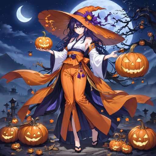 A woman dressed as a witch stands in front of a pumpkin patch with several carved pumpkins on the ground and a full moon in the background.